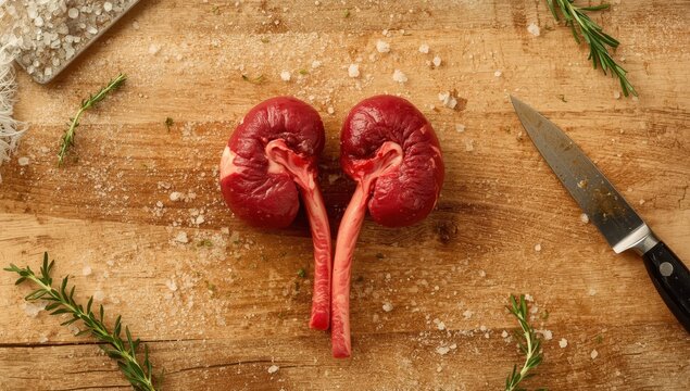 Beef kidney on a butcher's table. White backdrop. Overhead view.
