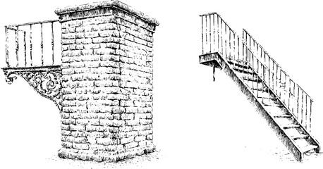 Obraz premium Hand drawn brick fire escape landing and exterior metal stairs with railing sketch set for urban architectural background and wallpaper