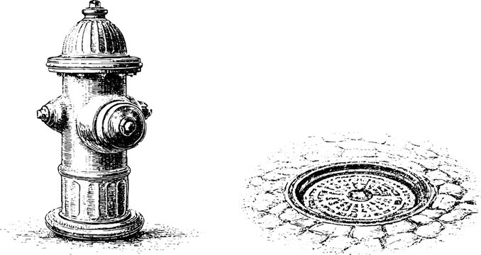 Hand drawn fire hydrant and cobblestone manhole cover line art set for background and poster design with vintage engraving detail