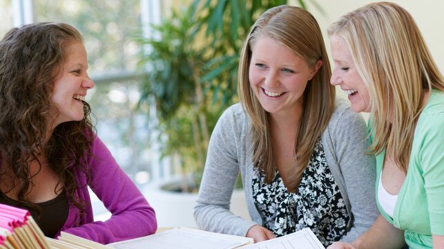 Students collaborating during study session in educational environment. Team learning, academic discussion, friendship and classroom cooperation