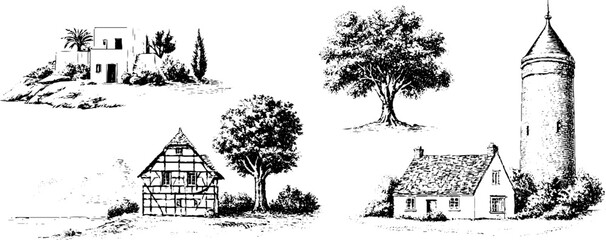 Obraz premium Pen and ink rural architecture set with greek island house german half timber cottage oak tree and round tower for background and label design
