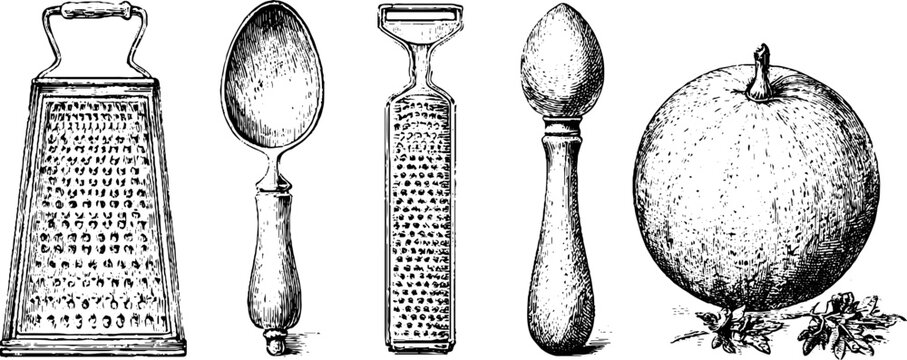 Vintage kitchen utensil set engraving of grater zester spoon and melon baller for packaging label background and pattern design