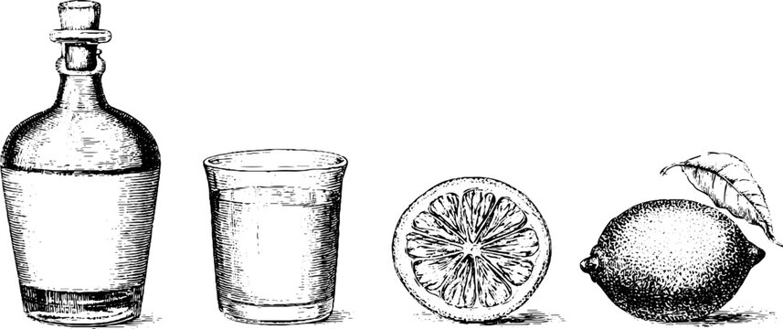 Vintage ink illustration of rum bottle glass and citrus slice for beverage label design and menu background