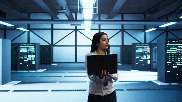 Inside a server hub, iT professional monitors cybersecurity risks with a laptop, linking network security, data protection and performance oversight during hardware and software coordination