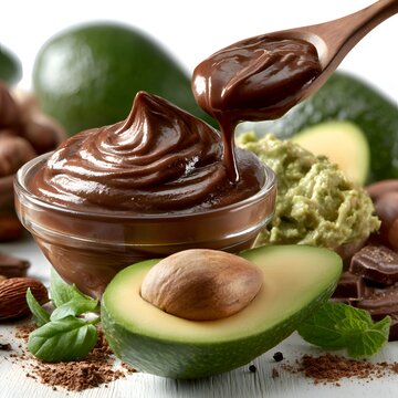 Rich chocolate avocado mousse in a bowl with a wooden spoon and fresh avocados, nuts and mint garnish