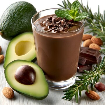 Delicious avocado chocolate mousse in a glass topped with chocolate shavings and mint, surrounded by fresh avocados, almonds, rosemary, and dark chocolate squares on a white wooden surface
