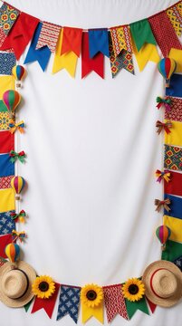 Festive party banner with colorful triangular flags, paper balloons on white background. Decoration border includes straw hats, sunflowers for summer carnival mood. Empty space for text invitation