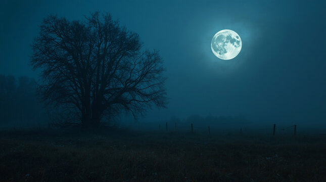 Lone tree beneath a full moon in the countryside &mdash; part of a folk horror and dark poetry series