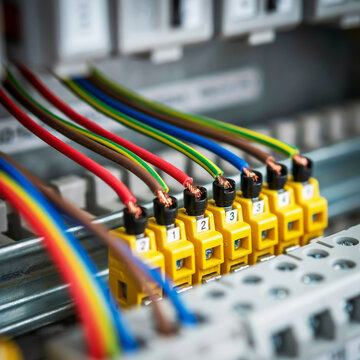 Electrical wiring with colorful insulated wires connected to yellow terminal blocks cables connection