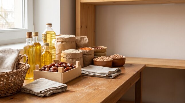 Ramadan pantry donation arrangement with dates grains and oil