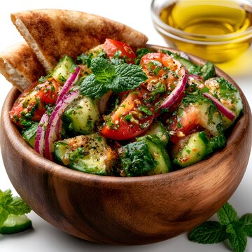 Freshly prepared fattoush salad in a rustic wooden bowl with pita bread and olive oil