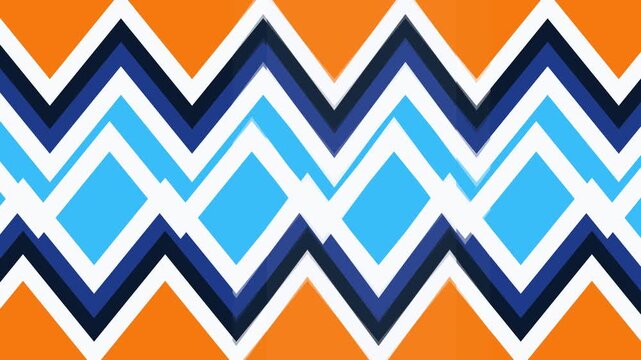 A symmetrical geometric pattern featuring repeating horizontal zigzag lines in orange, dark blue, light blue, and white.