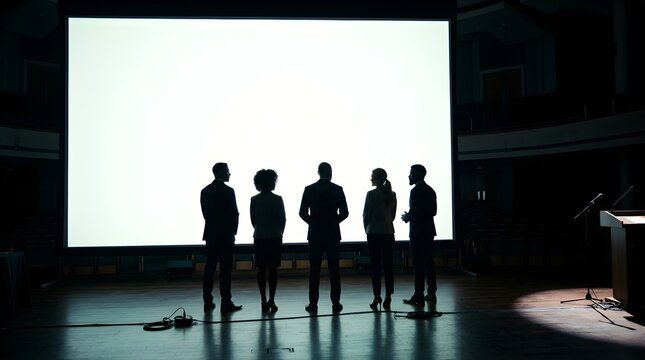 Diverse business team silhouettes standing before a bright projection screen