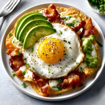 Savory breakfast tostada with fried egg, avocado, crispy bacon and guacamole