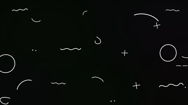Abstract pattern featuring white doodle lines, circles, and plus signs on black surface.