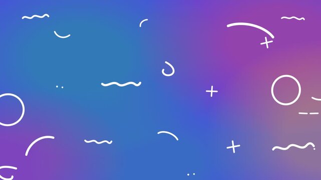 Abstract motion graphic pattern featuring white doodle lines, shapes, and plus signs on gradient purple blue.