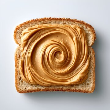 Close-up overhead shot of a slice of bread with creamy peanut butter swirled on top