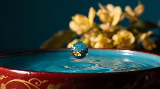Padauk reflection in a suspended Thingyan water droplet