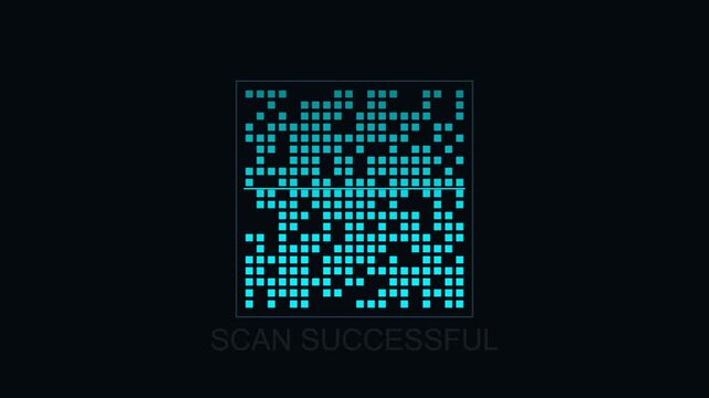 Abstract digital square code with glowing cyan pixels and scan successful text.