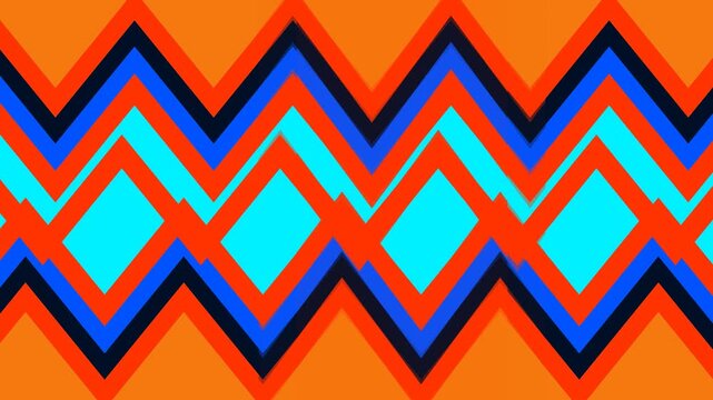 Geometric pattern featuring repeating zig-zag chevron lines in orange, blue, and cyan colors.