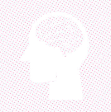 Human head silhouette with brain halftone illustration for mental health, psychology, and neuroscience concepts. Pink dotted pattern on white background for creative thinking and brainstorming.