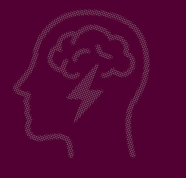 Brainstorming and mental stress concept illustration, human head profile with cloud and lightning bolt in white dotted halftone style.