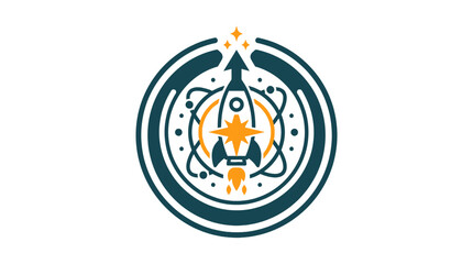 Circular rocket launch icon with planetary orbit lines. © Dry