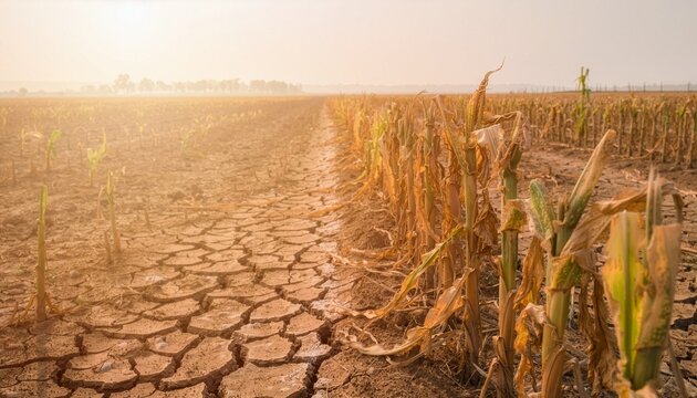 Severe drought hits a farm. Withered corn stalks stand beside cracked, parched earth under a hazy sky. Ideal for climate change and extreme weather concepts.
