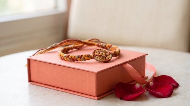 Woven rakhi bracelet on a coral keepsake gift box