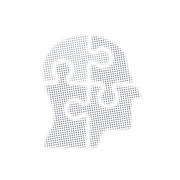Human head puzzle silhouette concept in halftone dotted style for mental health, psychology, and problem-solving. Four interlocking pieces forming a profile on white background.