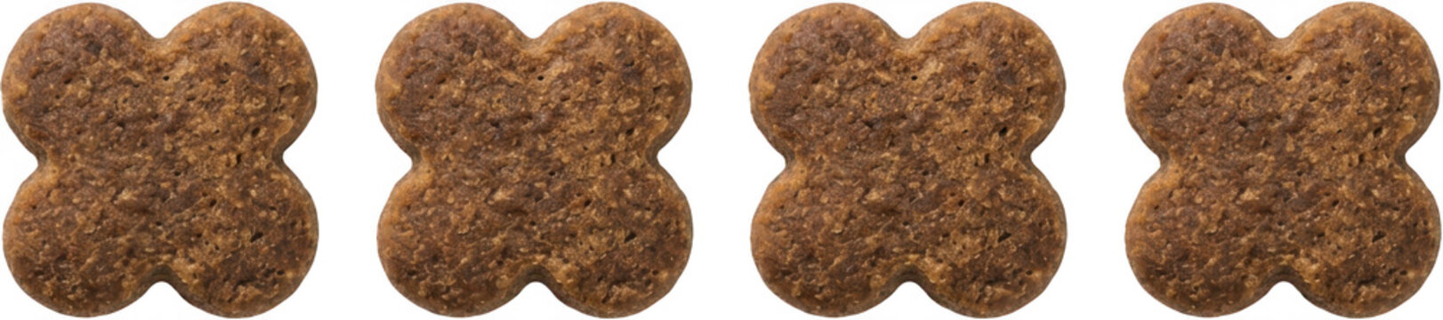 Four clover shaped dog treats with textured surfaces are arranged in a horizontal line showcasing their brown color and crunchy appearance pet food pet nutrition canine snacks