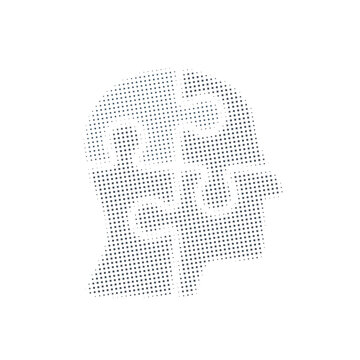 Human head puzzle silhouette concept in halftone dotted style for mental health, psychology, and problem-solving. Four interlocking pieces forming a profile on white background.