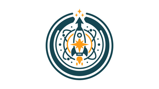 Circular rocket launch icon with planetary orbit lines.