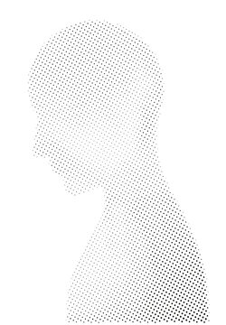 Halftone human head profile silhouette, minimalist black and white dot pattern illustration for psychology and digital identity concepts.