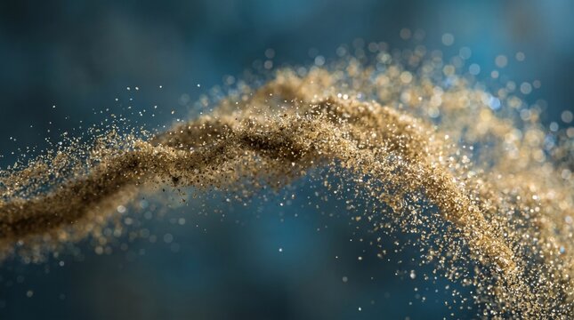 Sand grains exploding against blue background. Dynamic particles flying in motion.