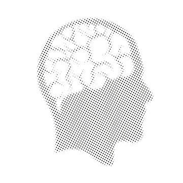 Halftone human head profile with brain illustration, minimalist black dot pattern for mental health, neurology, psychology, and artificial intelligence concepts.