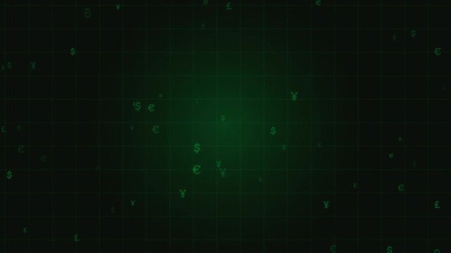 Abstract digital background with floating green currency symbols on a dark grid.