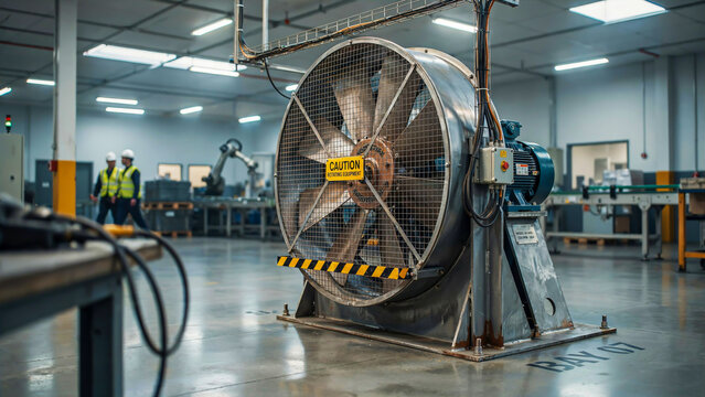 Industrial fan with protective cage in a factory with workers walking in the background workshop manufacturing