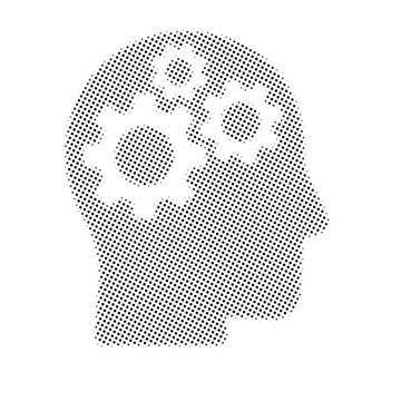 Human head with gears halftone icon for thinking process, logic, and cognitive function concepts. Minimalist black and white graphic.
