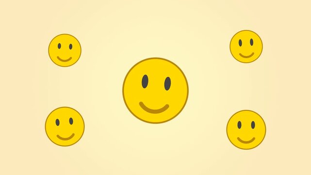 Five yellow smiling face icons arranged on a light background.