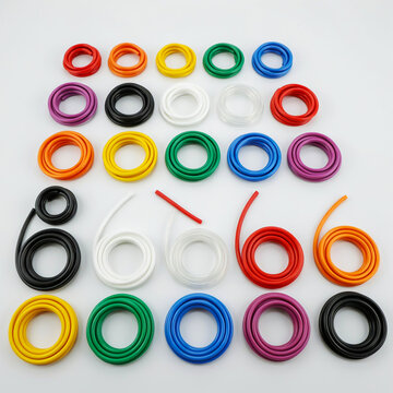 Large collection of colorful coiled plastic tubing and accessories on a white background image photo