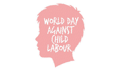 World Day Against Child Labour graphic with red halftone child silhouette and white text. Social awareness poster for human rights and child protection campaigns.
