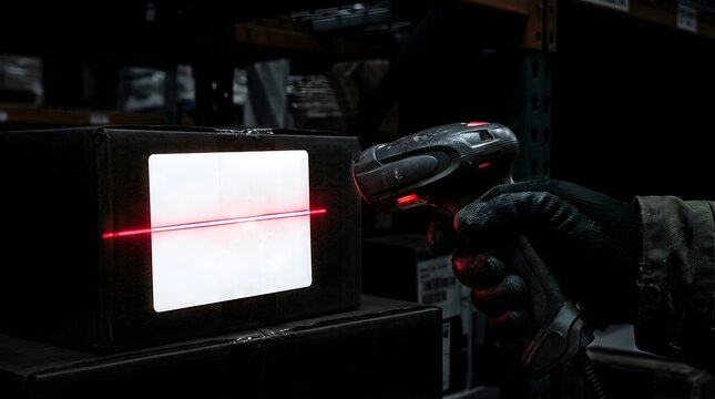 Warehouse worker scanning a blank white label on a cardboard box with a laser reader