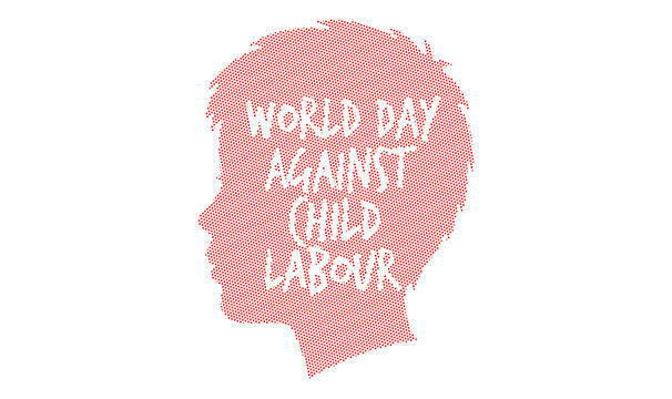 World Day Against Child Labour graphic with red halftone child silhouette and white text. Social awareness poster for human rights and child protection campaigns.