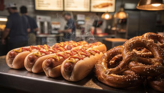 Closeup medium shot of sizzling classic stadium food like hot dogs and pretzels with steam rising and a bustling concession stand out of focus behind.