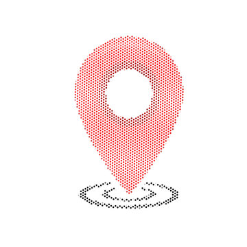 Red map pin icon with halftone dots and ripples on white background. Minimalist location marker for navigation, travel, and digital maps.