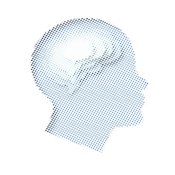 Halftone human head profile silhouette, blue dot pattern abstract digital mind concept for technology, psychology, and medical healthcare marketing.