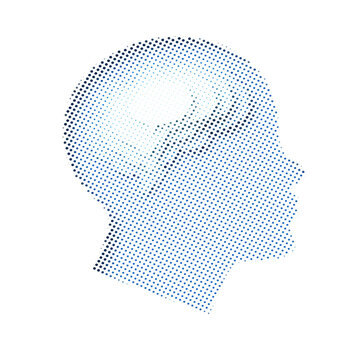 Halftone human head profile silhouette, blue dot pattern abstract digital mind concept for technology, psychology, and medical healthcare marketing.