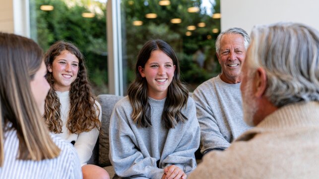 Multigenerational family having thoughtful conversation about important life decisions. Supportive discussion, guidance, relationships and future planning