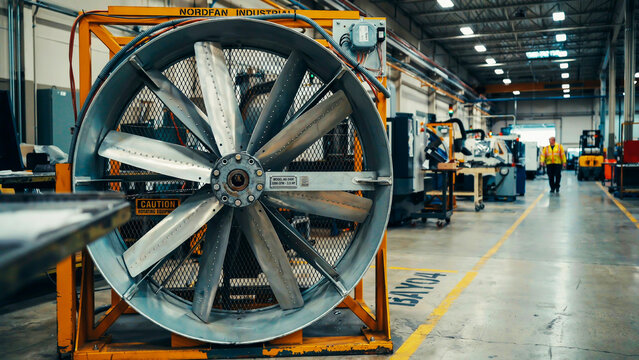 Large industrial fan in a factory with workers and forklifts in the background workshop manufacturing
